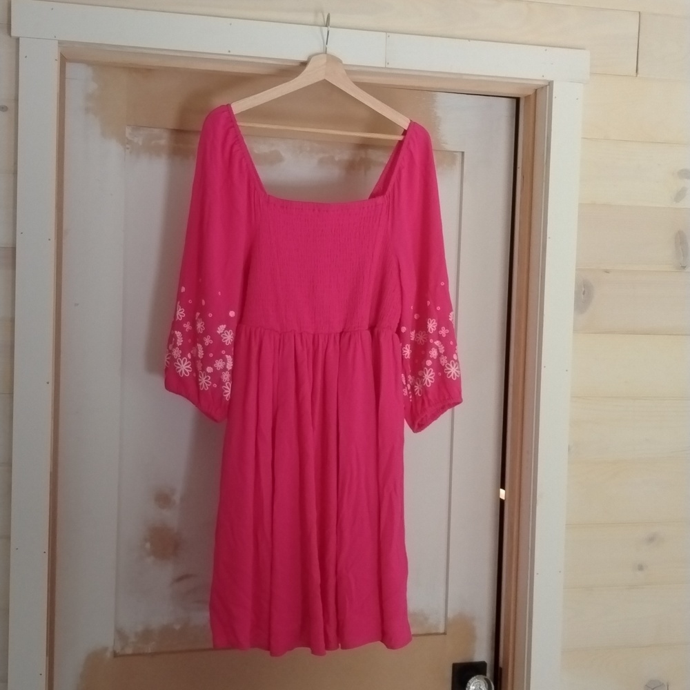 Bright Pink 3/4 Sleeve Dress with Square Neck